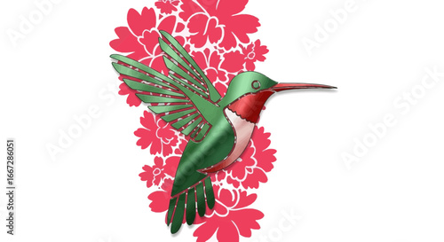 Vibrant green hummingbird flying amidst red floral accents on an isolated white background, elegant tropical bird in motion.