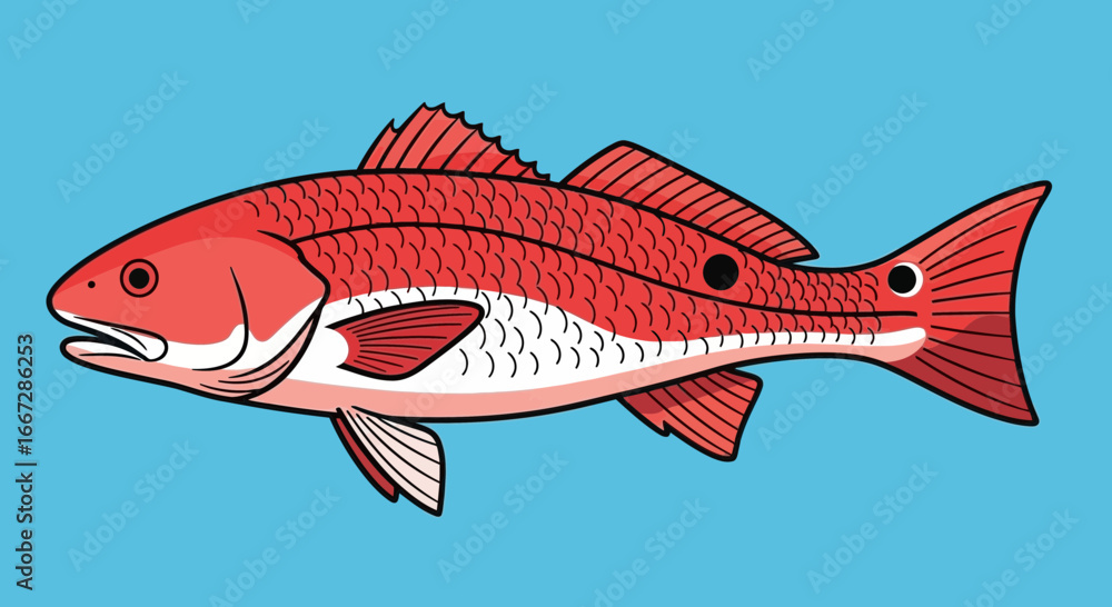 Fototapeta premium Detailed Redfish Swimming Illustration on Bright Blue Background