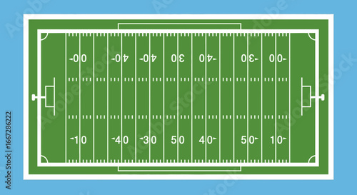 American Football Field Top View Vector Illustration on Blue Background