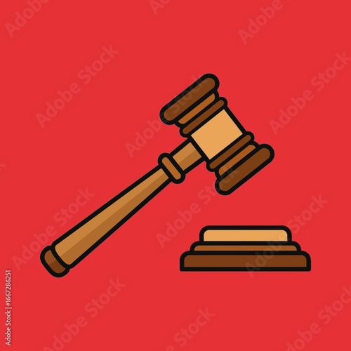 Flat Design Gavel and Sound Block Icon on Red Background, Symbolizing Justice and Law