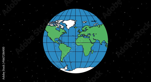 Cartoon Earth Globe Illustrating Continents and Oceans in Starry Outer Space Background