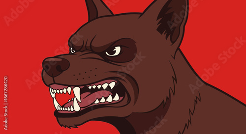 Aggressive cartoon dog snarling fiercely with bared teeth on a vibrant red background, vector illustration.