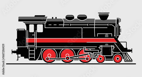 Vintage Steam Locomotive Train with Red Wheels and Stripe, Side View Isolated on Light Gray Background