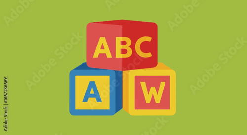 Colorful Alphabet Learning Blocks Stacked on Solid Green Background