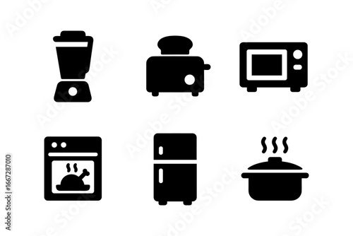 Silhouette kitchen appliance icons: blender, toaster, microwave, oven, fridge, pot
