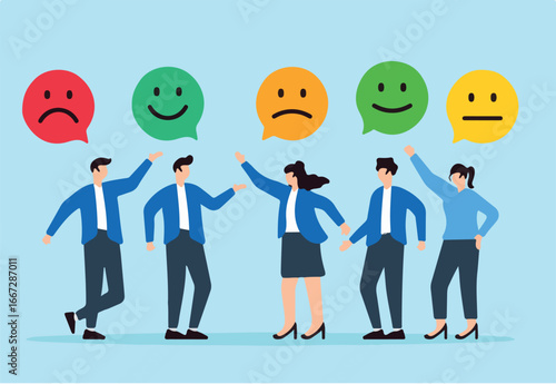Flat illustration of young adults give emoticon feedback rating user experience and satisfaction with products