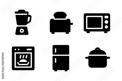 Essential kitchen appliance icons in minimalistic silhouette style