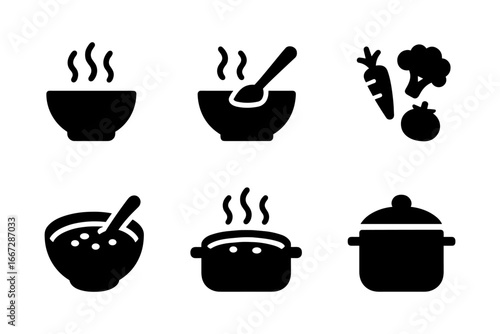 Minimalist soup icons collection with vegetables and cooking pot