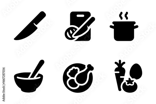 Simple cooking icons set: knife, cutting board, pot, mortar, chicken dish, vegetables