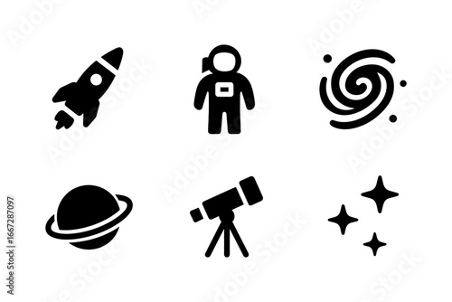 Space icons: rocket, astronaut, galaxy, planet, telescope, stars