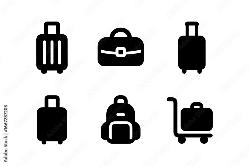 Minimalist luggage icons: suitcase, backpack, briefcase, cart in silhouette style