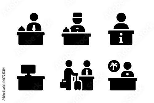 Hotel service icons: concierge, reception, information desk silhouettes