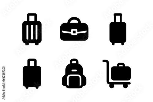 Minimalist luggage icons: suitcase, backpack, briefcase, cart in silhouette style