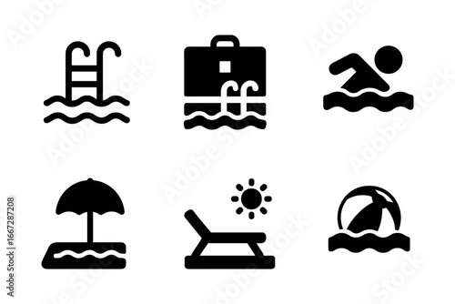 Minimalist black summer icons: swimming, beach, and poolside activities