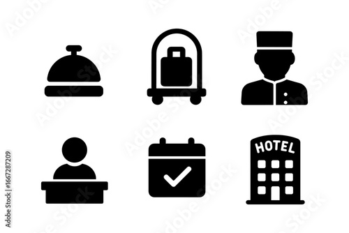 Set of hotel icons featuring concierge services, bellhop, reception, booking, and building