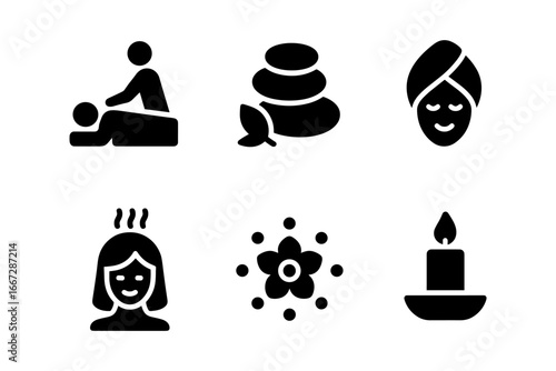 Relaxation and wellness icons: massage, aromatherapy, meditation, spa