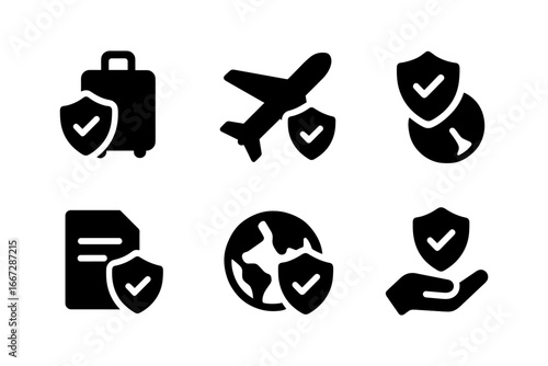 Travel and security icons in solid style: luggage, airplane, documents, globe, hand with shield