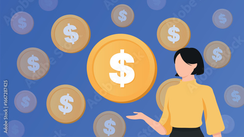 Woman with dollar coins illustration