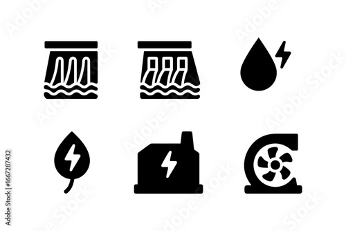 Eco energy icons: water, wind, solar and hydroelectric symbols for sustainable power