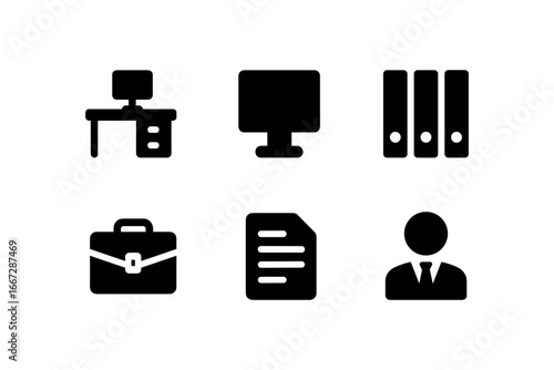 Minimal office icons set featuring desk, computer, files, briefcase, document, and business person