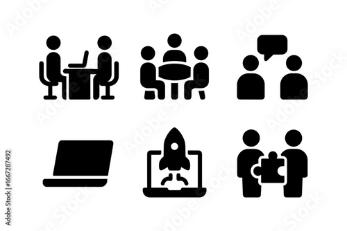 Business communication and collaboration icons set in black silhouette style