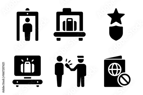 Airport security icons set: screening, luggage scanning, passport control, and badge symbols