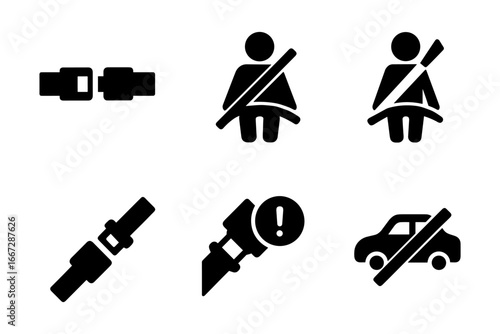 Seat belt safety icons set featuring symbols for vehicle and passenger protection