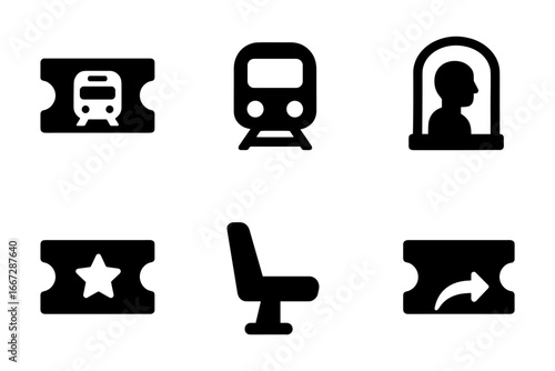 Set of train ticket and travel icons in silhouette style for transport design