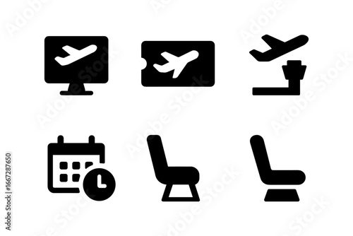 Travel icons set: airplane, ticket, airport, calendar, seat in minimalist black silhouette style