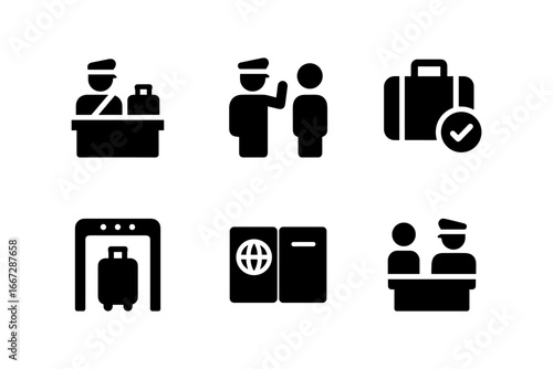 Airport security icons set: passport control, luggage check, and screening silhouettes