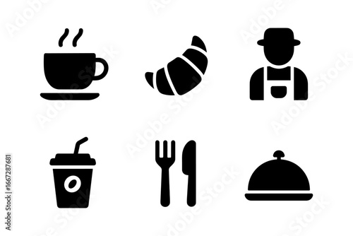 Minimalist food and drink icons: coffee, croissant, chef, beverage, cutlery, serve