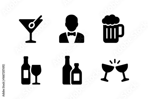 Monochrome cocktail and beer icons: drinks and bartender symbols