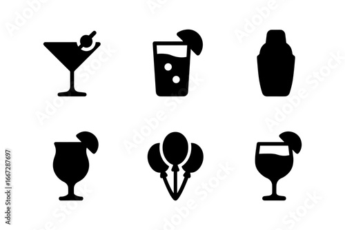 Silhouette beverage icons set featuring cocktails and balloons for party themes