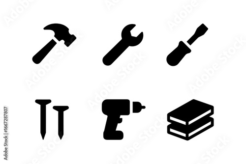 Set of black silhouette tools icons: hammer, wrench, screwdriver, nails, drill, sponge