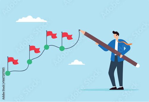 Flat illustration of businessman draw workflow line with achievement flag on progress map project milestone working process tracking work experience journey