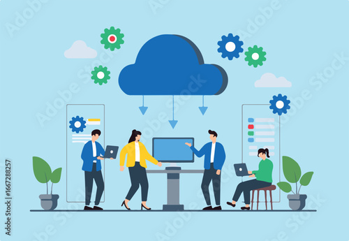 Flat illustration of team members collaborating on cloud-based version control for continuous deployment