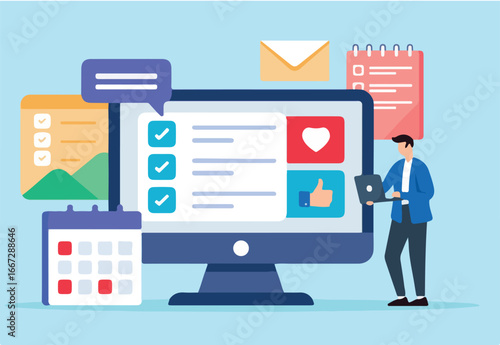 Flat illustration of blogger writing content creation checklist on laptop computer screen with calendar social media promotion strategy planning