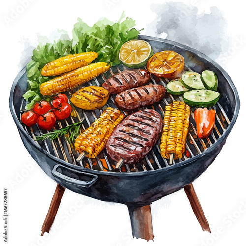 Summer Barbecue, watercolor illustration vector, isolated on a white background.
