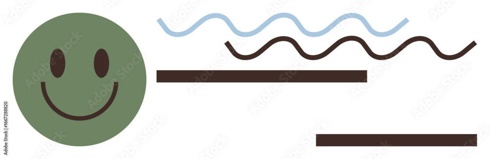 Fototapeta premium Green smiling face beside abstract wavy lines and horizontal bars. Ideal for positivity, mood, communication, emotions, creativity, simplicity, and mindfulness. A simple flat metaphor