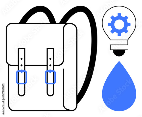 Backpack, lightbulb with gear inside, and water drop in minimalist style symbolizing innovation, education, sustainability, travel, creativity, problem-solving and environmental awareness. Ideal