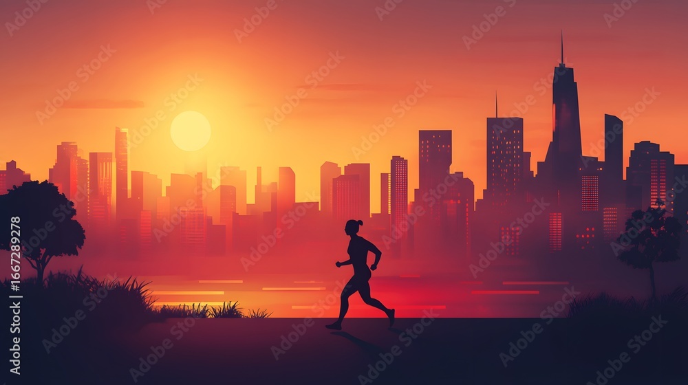 Fototapeta premium Runner at Sunset in Urban Cityscape