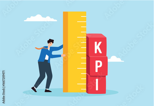 Flat illustration of businessman measuring Key Performance Indicator KPI box for evaluating success metrics and improve business