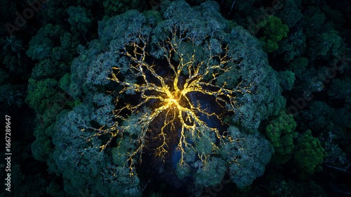 Illuminated Tree Illuminated in Forest From Aerial View