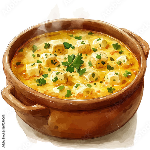 watercolor vector of Steaming Soup Bowl, isolated on a white background.