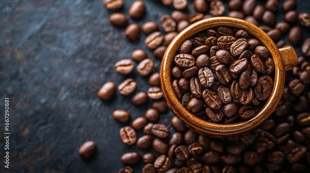 Fototapeta premium Wooden bowl with roasted coffee beans on table