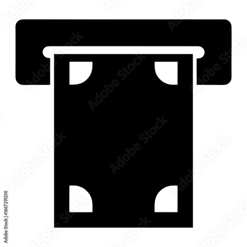 Stylized ATM machine, or bank machine, issuing cash in black and white