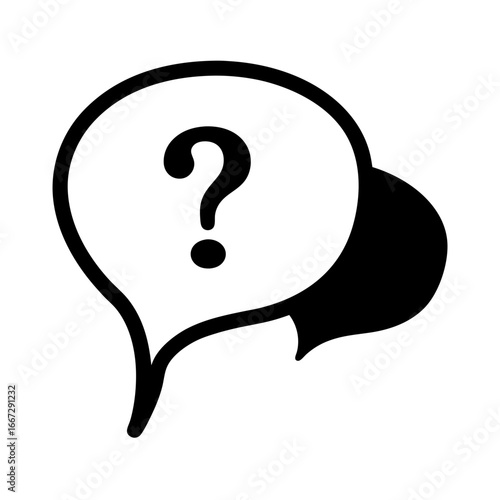 Black and white image depicting speech bubbles with a question mark inside