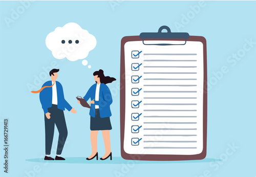 Businesswoman conducting interview with checklist concept thorough candidate assessment systematic evaluation detailed questioning