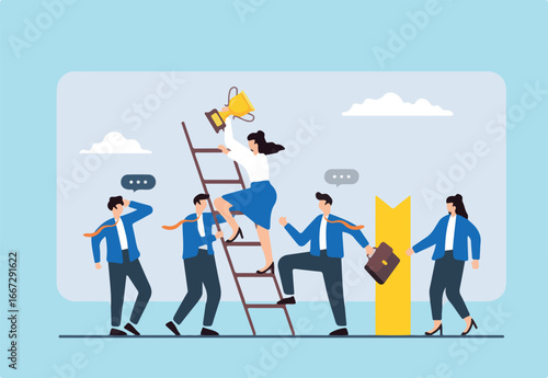 Flat illustration of professionals holding up ladder for colleague climbing to success