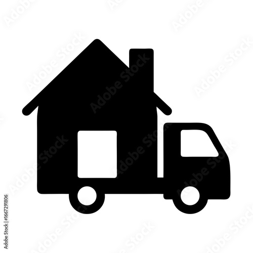 Moving house icon illustration of a home on a truck ready to go